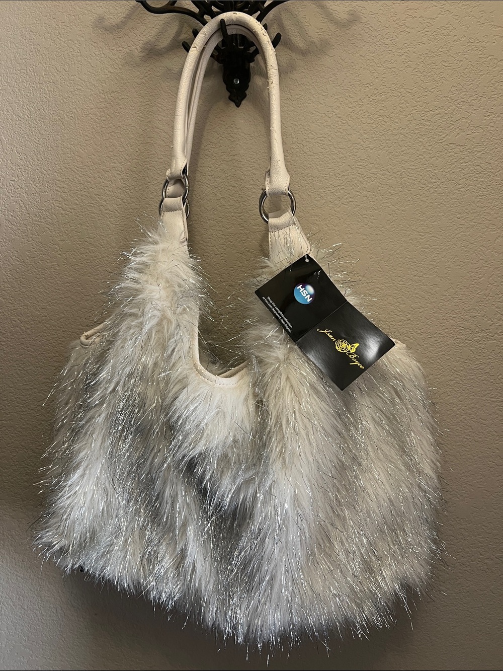 Joan Boyce White Faux Fur Shoulder Bag with Shimmery Tinsel